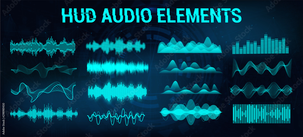Poster Set audio equalizer in futuristic style HUD, concept tech sound wave. Microphone voice control technology, voice and sound recognition.  Music waves, equalizer bar. Vector illustration