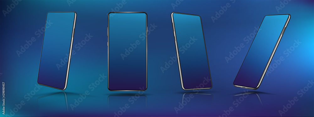 Aufkleber Smartphone mockups for presentation with isometric position with shadow and reflection from a smooth surface. 3D realistic phones in perspective. UI, UX, KIT, cell phone set. Vector mobile phones set