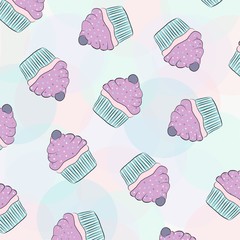 pattern of cupcakes in delicate pink-blue colors. Application in printed materials, stationery, textiles and other applications. Cupcake texture.