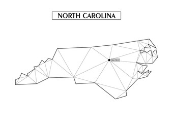 Polygonal abstract map state of North Carolina with connected triangular shapes formed from lines. Capital of state - Raleigh. Good poster for wall in your home. Decoration for room walls.