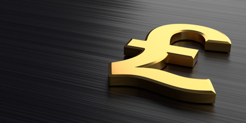 Golden pound sign lies on a dark chrome background. 3d rendering illustration