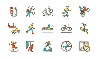 Extreme sports color icons set. Climbing, mountaineering. Spelunking. Cycling, rollerskating. Motorcar racing. People doing stunts. Street culture. Orienteering skill. Isolated vector illustrations