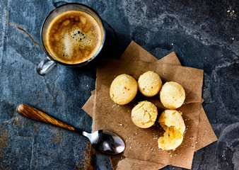 Pao de Queijo is a cheese bread ball from Brazil. Pao de queijo and coffee. Overview.