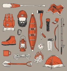 Collection of vintage outdoor camping and recreation elements - obrazy, fototapety, plakaty
