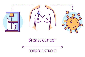 Breast cancer concept icon. Mammography idea thin line illustration. Mastography, checkup, exam. Women health. Oncological disease. Tissue, carcinoma. Vector isolated outline drawing. Editable stroke