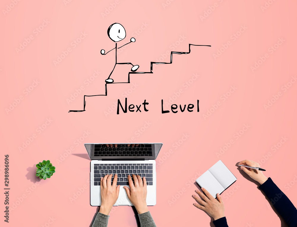 Poster next level concept with people working together with laptop and notebook