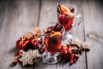 Christmas magic atmosphere, holiday weekend drink, home celebration. Winter still life with hot...