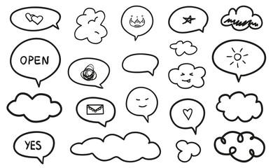 Hand drawn infographic elements on isolation background. Doodles on white. Abstract clouds. Set of think and talk speech bubbles. Black and white illustration