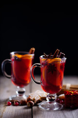 Christmas magic atmosphere, holiday weekend drink, home celebration. Winter still life with hot...