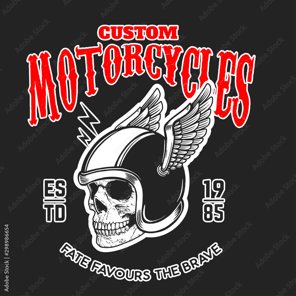 Poster custom motorcycles. poster template with skull in winged racer helmet. design element for poster, lo