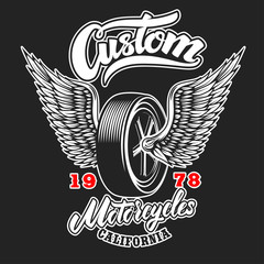 Custom motorcycles. Poster template with winged wheel. Design element for poster, logo, label, sign, badge.