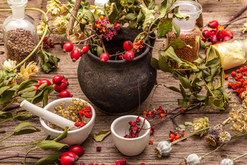 Halloween concept background. Witch bowler, mistletoe, elderberry. Dry herbs, flowers, fresh berries