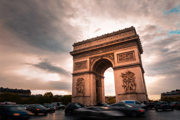 World famous Arc de Triomphe at the city center of Paris, France.	