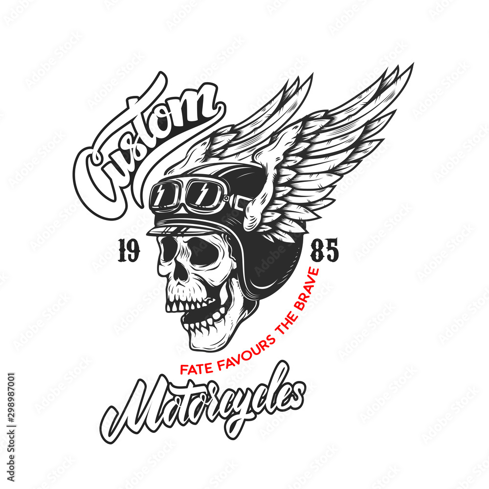 Poster custom motorcycles .poster template with winged skull. design element for poster, flyer, card, banne