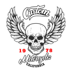 Custom motorcycles .Poster template with winged skull. Design element for poster, flyer, card, banner.