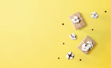 Gift boxes with autumn theme - overhead view flat lay