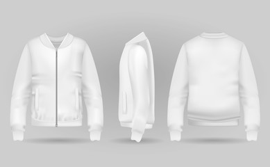 Blank white jacket bomber in front, back and side views. Vector illustration. Realistic bomber for sport and urban style