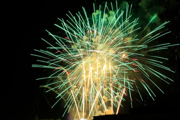 bright and color fireworks for celebration party. black night sky and colors firework