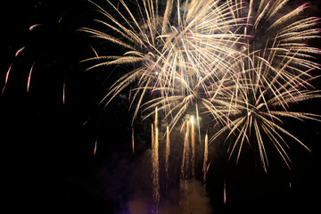 bright and color fireworks for celebration party. black night sky and colors firework