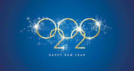 Happy New Year 2020 modern design with sparkle firework gold white blue greeting card