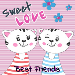 Lovely cartoon two cats with text sweet love on pink background.