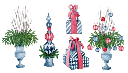 Set of watercolor Christmas decoration, hand drawn on a white background. Christmas decorations with spruce and red berries. Christmas balls.