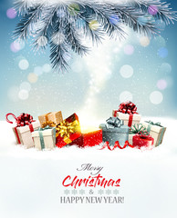 Holiday Christmas background with a red magic box and gift boxes and branches of tree. Vector.