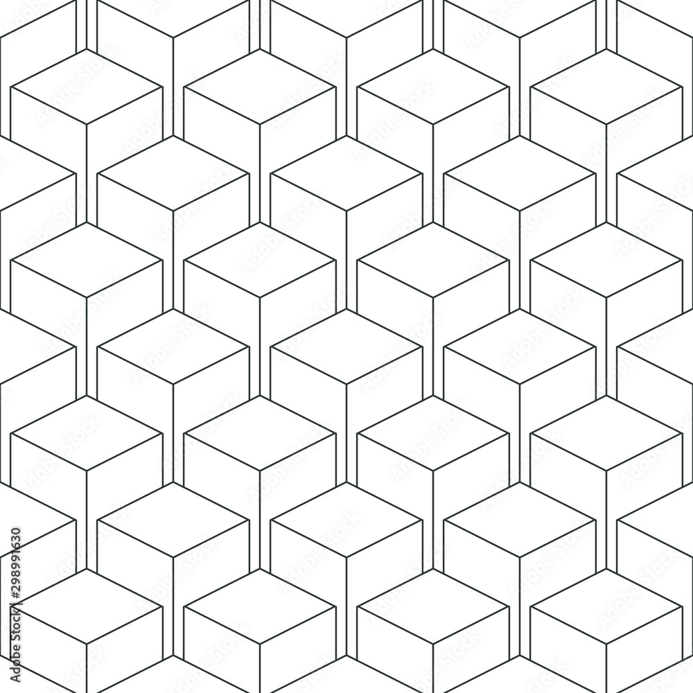 Wall mural seamless pattern of isometric cubes, pattern if thin lines, black and white vector illustration.seam