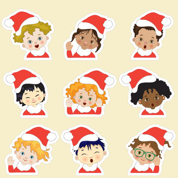 Christmas stickers with faces of children of various ethnicities