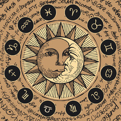 Vector circle of the Zodiac signs in retro style with icons, decorated with hand-drawn sun and crescent moon in black and beige colors. Banner with old manuscript in retro style written in a circle.