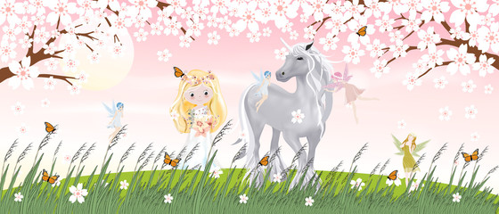 Cartoon landscape of spring with cute princess, unicorn and little fairies flying with butterfly on wild grass flower and cherry blossom,Spring scene with happy girl and horse walking und Sakura tree © Anchalee