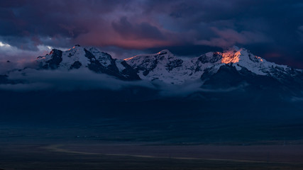 Sunset in the white range, in the highlands of Huaraz, Peru.