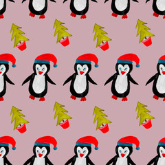 seamless pattern Christmas theme penguin in red cap and Christmas tree