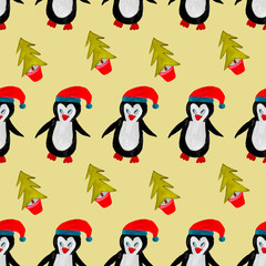 seamless pattern Christmas theme penguin in red cap and Christmas tree