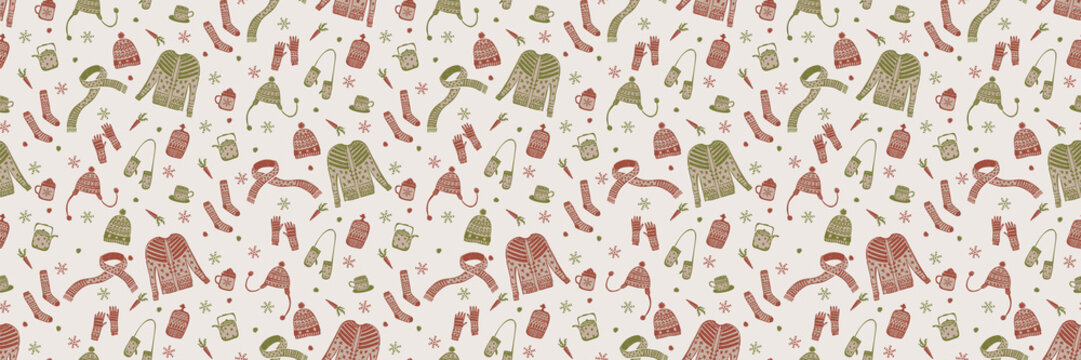 Seasonal Winter Warmer Seamless Border Pattern. Holiday banner with Hand Drawn Flat Doodle Festive Icon. Huggy Knit Hat, Hot Cocoa Mug, Nordic Mittens, Knitted Sweater. Scandi ribbon Trim Vector EPS10