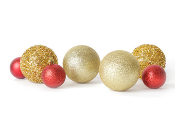 Gold and red Christmas shiny balls isolated on white background. Large glitter Christmas ornaments.