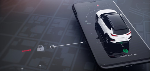 Smartphone application UI for remotely car control (remote car lock) (3D Illustration) - obrazy, fototapety, plakaty