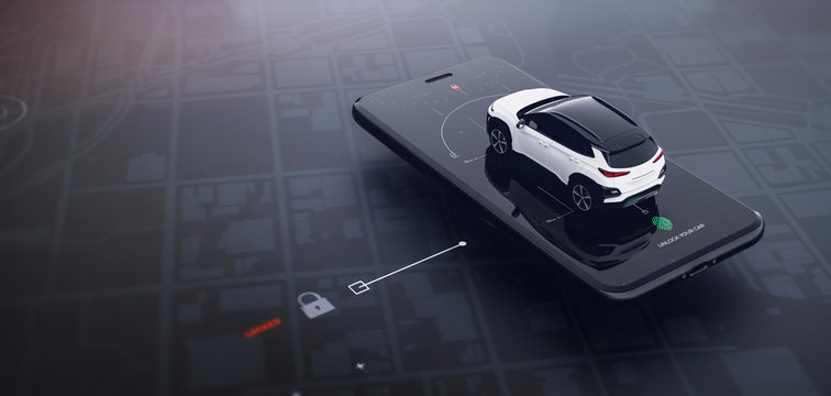 Smartphone application UI for remotely car control (remote car lock) (3D Illustration)