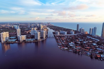 Aerial view of sunrise in Sunny Isles Beach, Miami, United States. Great landscape. Vacation travel. Travel destination.