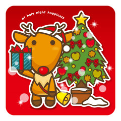 Naklejka premium はっぴークリスマス クリスマスツリーとトナカイさんからプレゼント（赤）