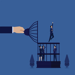 Business flat vector concept man fly out from bird cage metaphor of freedom.