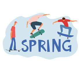 Fototapeta na wymiar Lettering Spring. Guys ride skateboards. Vector full color hand-drawn graphics
