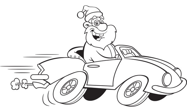 Black and white illustration of Santa Claus driving a sports car.