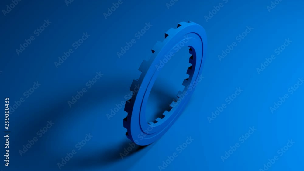Poster a blue gear with frontal toothing rotates around itself while standing on a blue background - 3d ren