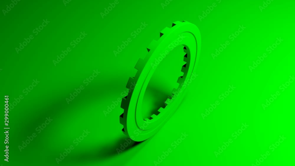 Poster a green gear with frontal toothing rotates around itself while standing on a green background - 3d r