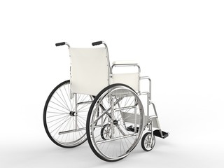 Fototapeta na wymiar Wheelchair with white leather seat and metal railings - back view