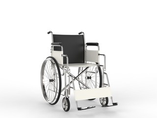 Fototapeta na wymiar Wheelchair with black white leather seat and back rest - back view