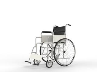 Fototapeta na wymiar Wheelchair with black and white leather seat and back rest - side view