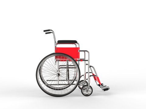 Wheelchair with red and white leather seat and back rest - side view