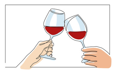 continuous line drawing of two hands cheering with glasses of wine